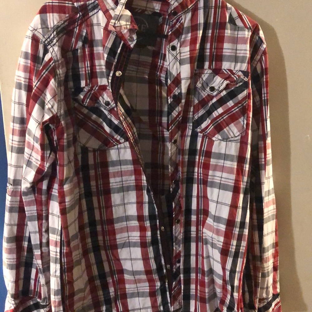 BKE, long sleeve button, red, black, white, medium